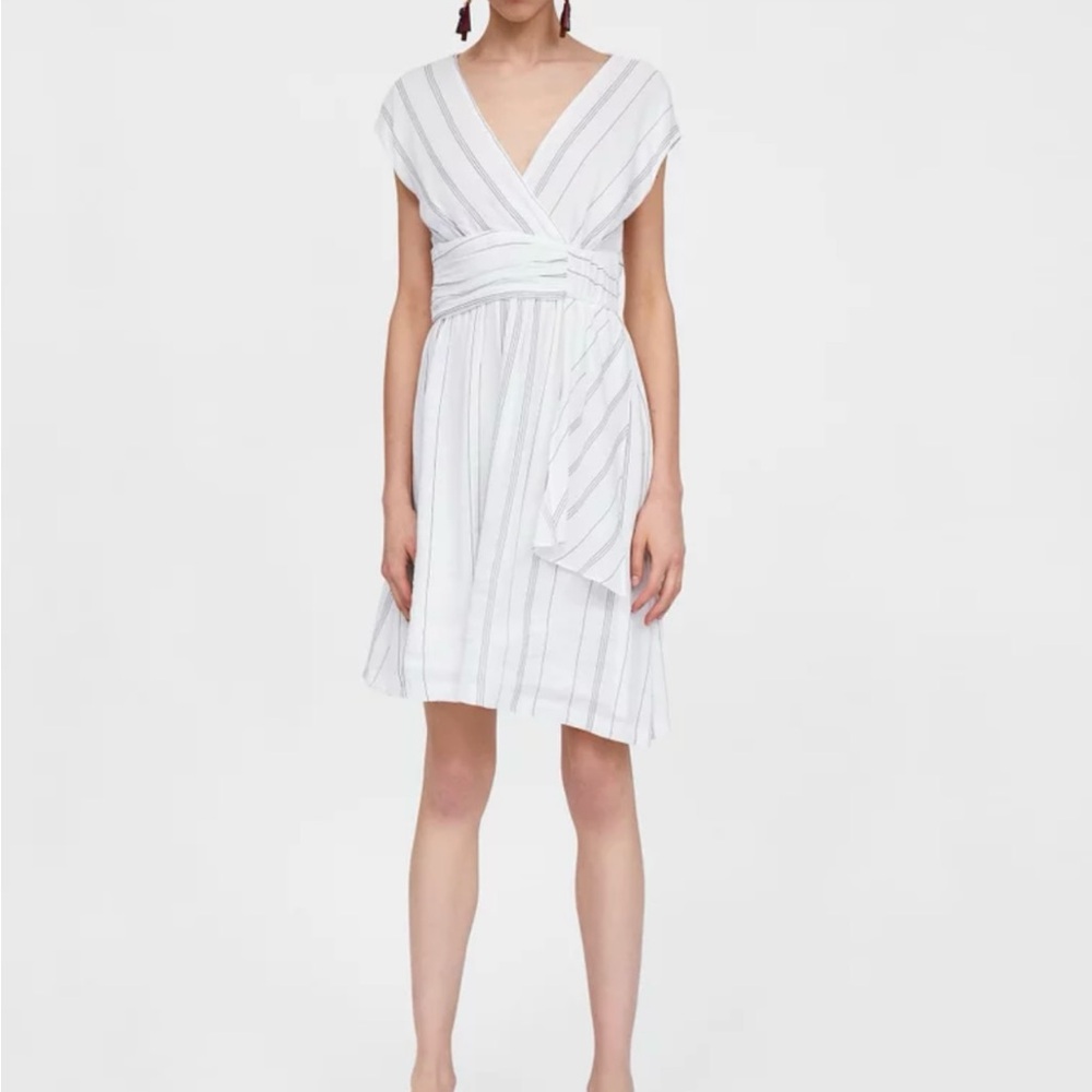 Zara V Neckline White Striped Dress